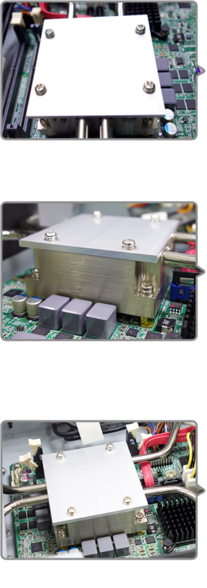 1.Thermal Pad Thermal pad is widely used to aid the conduction of heat away from the component that needs to be cooled down (e.g. CPU) and into the heat sink.   To determine the effectiveness of a thermal pad, the unit “K” is applied. Most of the other companies in the embedded market employ materials under K10 for economic reason. Perfectron, with the target of reaching CPU full speed without throttling, incorporates only K17 military grade as our principle specification.  The thinner the thermal pad is the better effect it creates. The thickness of the thermal pad is crucial, be it too thick, the heat will cumulate and force the heat dissipated by the CPU to flow back. With precise calculation, the thermal pad we implemented is 3mm in height.     2.Copper & Aluminum Passive Heat Spreader Heat spreader is known for improving the distribution of heat. Our tailor-made heat spreader is made with copper and aluminum. Four CNC designed semi-circle trail make sure that the heat pipes can be housed securely with the heat spreader.   The outer layer contains 96% of aluminum, the height is 23.5mm and it weighs 142g.  The inner layer contains 99.9% of copper, the height is 23.5mm and it weighs 173g.  Thermal paste is applied to give mechanical strength to the bond between heat sink and heat source. It eliminates air from the surface area and optimizes the heat transfer between the two contact surfaces.  Absorb heat quicker than aluminum owing to higher heat conductivity efficiency. (Copper: 402; Aluminum: 266)  Excellent performance in heat absorption       3.Copper Heat Pipe Heat pipes are capable of transferring the heat from the source (evaporator) to the heat sink (condenser) over relatively long distances through the latent heat of vaporization of a working fluid. A typical heat pipe consists of a vessel that is first vacuumed, then charged with a working fluid and sealed hermetically. When the heat pipe is heated at one end, the working fluid evaporates from liquid to vapor (phase change). The vapor travels through 