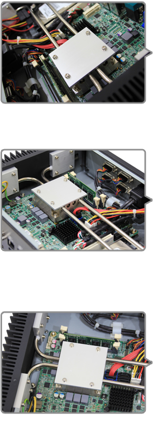 1.Thermal Pad Thermal pad is widely used to aid the conduction of heat away from the component that needs to be cooled down (e.g. CPU) and into the heat sink.  •To determine the effectiveness of a thermal pad, the unit “K” is applied. Most of the other companies in the embedded market employ materials under K10 for economic reason. Perfectron, with the target of reaching CPU full speed without throttling, incorporates only K17 military grade as our principle specification.  •The thinner the thermal pad is the better effect it creates. The thickness of the thermal pad is crucial, be it too thick, the heat will cumulate and force the heat dissipated by the CPU to flow back.  •With precise calculation, the thermal pad we implemented is 3mm in height.    2.Copper & Aluminum Passive Heat Spreader Heat spreader is known for improving the distribution of heat. Our tailor-made heat spreader is made with copper and aluminum. Four CNC designed semi-circle trail make sure that the heat pipes can be housed securely with the heat spreader.  •The outer layer contains 96% of aluminum, the height is 23.5mm and it weighs 142g.  •The inner layer contains 99.9% of copper, the height is 23.5mm and it weighs 173g.  •Thermal paste is applied to give mechanical strength to the bond between heat sink and heat source. It eliminates air from the surface area and optimizes the heat transfer between the two contact surfaces.  •Absorb heat quicker than aluminum owing to higher heat conductivity efficiency. (Copper: 402; Aluminum: 266)  • Excellent performance in heat absorption    3. Copper Heat Pipe Heat pipes are capable of transferring the heat from the source (evaporator) to the heat sink (condenser) over relatively long distances through the latent heat of vaporization of a working fluid. A typical heat pipe consists of a vessel that is first vacuumed, then charged with a working fluid and sealed hermetically. When the heat pipe is heated at one end, the working fluid evaporates from liquid to vapor (phase change). The vapor travels thr